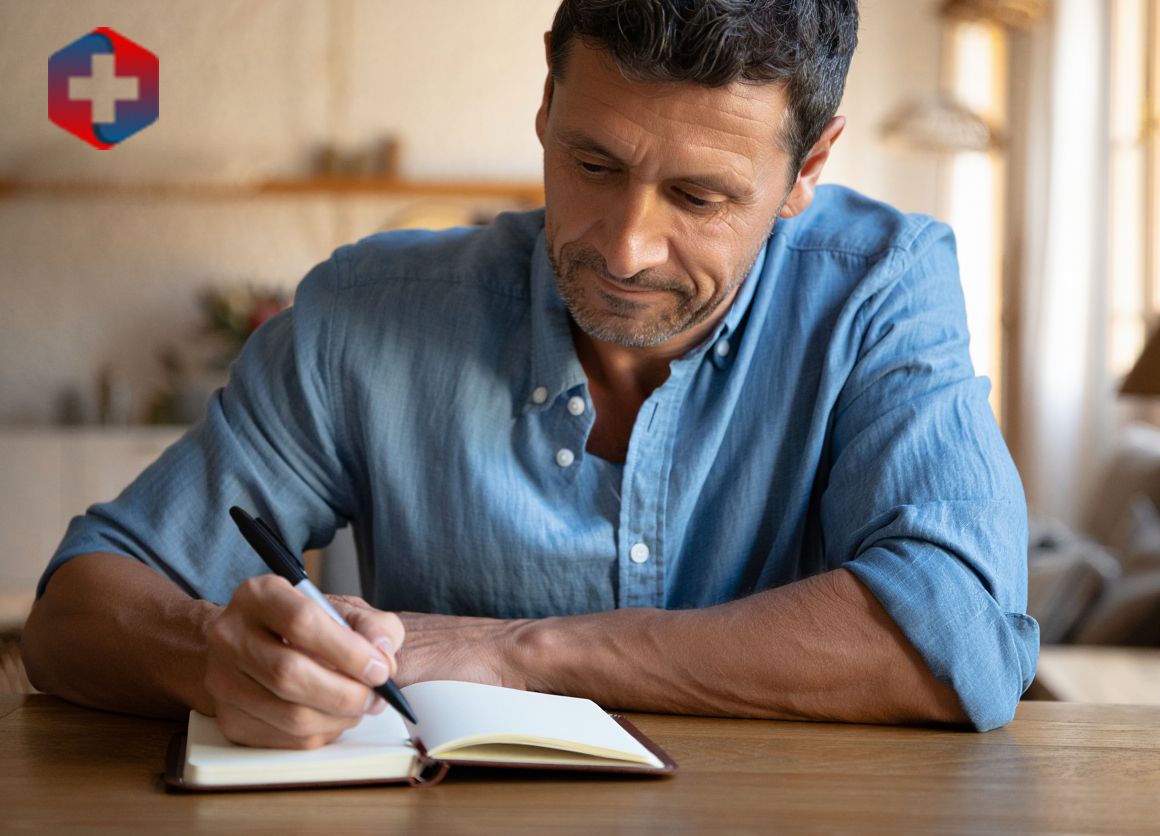 Мужчина средних лет записывает в тетрадь